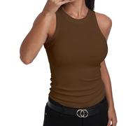 GEMBERA Ärmelloses Tanktop für Damen, Racerback, hoher Halsausschnitt, lässig, Baumwolle, gerippt, tailliert, Braun, Klein