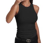 GEMBERA Ärmelloses Tanktop für Damen, Racerback, hoher Halsausschnitt, lässig, Baumwolle, gerippt, tailliert, Schwarz, X-Groß