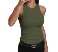 GEMBERA Ärmelloses Tanktop für Damen, Racerback, hoher Halsausschnitt, lässig, Baumwolle, gerippt, tailliert, Olivegreen, X-Groß