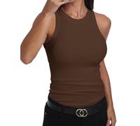 GEMBERA Ärmelloses Tanktop für Damen, Racerback, hoher Halsausschnitt, lässig, Baumwolle, gerippt, tailliert, Braun, Klein