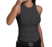 GEMBERA Ärmelloses Tanktop für Damen, Racerback, hoher Halsausschnitt, lässig, Baumwolle, gerippt, tailliert, grau dunkel, Klein