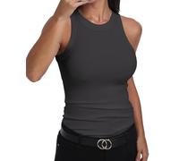 GEMBERA Ärmelloses Tanktop für Damen, Racerback, hoher Halsausschnitt, lässig, klassisch, aus Gerippter Baumwolle, eng anliegend, grau dunkel, Klein