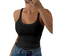 GEMBERA Damen-Tanktop mit Spaghettiträgern, U-Ausschnitt, gerippt, schmale Passform, Baumwolle, ärmellos, Layering-Shirt, Schwarz, Mittel