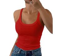 GEMBERA Damen-Tanktop mit Spaghettiträgern, U-Ausschnitt, gerippt, schmale Passform, Baumwolle, ärmellos, Layering-Shirt, Rot/Ausflug, einfarbig (Getaway Solids), X-Klein
