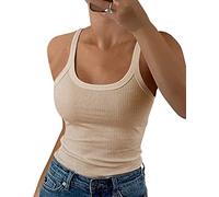 GEMBERA Frauen Spaghettiträger U-Ausschnitt Gerippte Tank Tops Slim Fitted Baumwolle Camisole Basic Sleeveless Layering Shirts, Beige Hellbraun, X-Groß