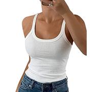 GEMBERA Damen-Tanktop mit Spaghettiträgern, U-Ausschnitt, gerippt, schmale Passform, Baumwolle, ärmellos, Layering-Shirt, Weiss/opulenter Garten, X-Klein