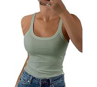 GEMBERA Damen-Tanktop mit Spaghettiträgern, U-Ausschnitt, gerippt, schmale Passform, Baumwolle, ärmellos, Layering-Shirt, Salbeigrün, Mittel