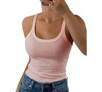GEMBERA Damen-Tanktop mit Spaghettiträgern, U-Ausschnitt, gerippt, schmale Passform, Baumwolle, ärmellos, Layering-Shirt, Cameo Pink, Mittel