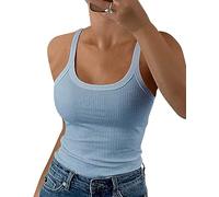 GEMBERA Damen-Tanktop mit Spaghettiträgern, U-Ausschnitt, gerippt, schmale Passform, Baumwolle, ärmellos, Layering-Shirt, Babyblau, Groß