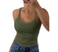 GEMBERA Frauen Spaghettiträger U-Ausschnitt Gerippte Tank Tops Slim Fitted Baumwolle Camisole Basic Sleeveless Layering Shirts, OLIVEGREEN, Klein