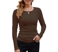 GEMBERA Geripptes Langarm-Shirt für Damen, Rundhalsausschnitt, lässig, schmal, enganliegend, gestrickt, Braun, X-Groß