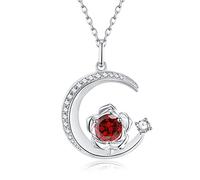 GEMLANTO 925 Sterling Silber Januar Geburtsstein Erstellt Granat Halskette Rose & Mond Anhänger Edelstein Schmuck Geburtstag Schmuck Geschenke für Frauen Mädchen Mutter Tochter, verstellbare Kette