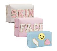 GEMLORD Make-up-Tasche, kleine Chenille-Buchstaben-Kosmetiktasche, PU-Leder, wasserdicht, Reißverschluss, Hautpflege, Kulturbeutel für Teenager, Mädchen, tragbar, adrettes Geschenk für Damen, Weiß,