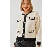 Gemusterter Acryl Rundhals-Cardigan mit Taschen S/M