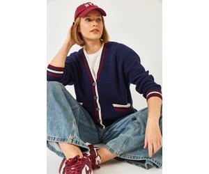 Gemusterter V-Ausschnitt Rippenstrick-Cardigan mit Taschen S/M