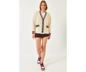 Gemusterter V-Ausschnitt Rippstrick-Cardigan mit Taschen S/M