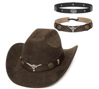 GEMVIE Wildleder Cowboyhut Zwei Arten Hutband Breite Krempe Westernhut für Männer und Frauen Unisex Vintage Westernhut Cowgirlhut Kaffee