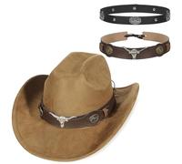 GEMVIE Wildleder Cowboyhut Zwei Arten Hutband Breite Krempe Westernhut für Männer und Frauen Unisex Vintage Westernhut Cowgirlhut Braun