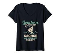 Gendern ist wenn der Sachse mit dem Boot umkippt T-Shirt mit V-Ausschnitt