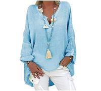 Generic Bluse Damen Langarm Leinen Blusenshirt Damen Elegante Blusen Langarm Longshirt Oversize Vintage Hemdbluse V-Ausschnitt Langarmshirt Tunika BluseSweatshirt Festliche Oberteile, Blau, XXL