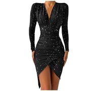 Generic Damen Abendkleid Kurz Paillettenkleid Langarm Cocktailkleid Elegant Glitzer Kleid Große Größen Silvester Kleid Mit V-Ausschnitt Partykleid Sexy Glitter Dress Rot Plus Size EU XL