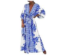 Generic Damen Kleider Sommer Elegant Sommerkleid Boho Maxikleid V-Ausschnitt Strandkleid Lang Blumenkleid High Waist Freizeitkleid Blumen Swing Flowy Tunika Kleid Urlaub Strandkleider Shirtkleider