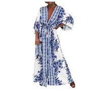 Generic Damen Kleider Sommer Elegant Sommerkleid Boho Maxikleid V-Ausschnitt Strandkleid Lang Blumenkleid High Waist Freizeitkleid Blumen Swing Flowy Tunika Kleid Urlaub Strandkleider Shirtkleider