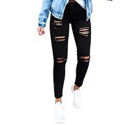 Generic Damen Skinny Jeans Hose Schwarz mit Löcher, hoch tailliert, schmal sitzend, Pull On, 38/M, 30/30, Multi-Sport, 2 vordere Taschen, Flache Vorderseite, nicht dehnbar, Kurze Länge, für Frauen