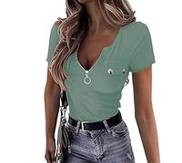 Generic Geripptes T-Shirt mit Reißverschluss und V-Ausschnitt für Damen Sexy Kurzarm Button Down Henley T Shirts Solide Farbe Slim Fit Strick Tops (Grün,S)