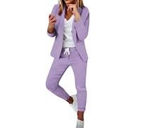 Generic Hosenanzug Damen Festlich Elegant Einfarbig/Kariert Blazer Zweiteiler Set Revers Langarm 2pc Anzug Outfit Schlank Anzugjacke und Hose mit Elastischer Taille Bequem Business Jacke Discounter