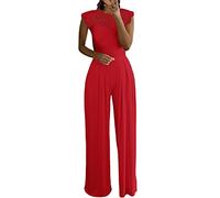 Generic Jumpsuit Damen Elegant Sommer Rundhals Kurzarm Weites Bein Romper Mit Taschen Business Party Breites Bein Hosenanzug Hosenanzug Große Größen