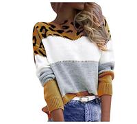 Generic Pullover Damen Leopard Strickpullover Langarm Rundhals Sweater Patchwork Sweatshirt Herbst Winter Elegant Pulli Warme Lose Blusen Oberteile Tops, Gelb, M