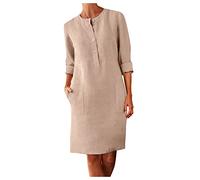 Generic Sommerkleid Damen Leinen Kleider O-Ausschnitt Baumwollkleid Maxikleid Tunika Einfarbig Leinenkleid Knielanges Freizeitkleider A-Linien Sommerkleid Elegant Freizeitkleid Sommerkleid Damen