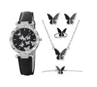 Generico Damen Watch & Jewelry Set 5 Stück | Imitation Leder Strap, 2 in | Butterfly Number Quartz Wristwatch With Armband, Ring, Earrings, Halskette | Geschenk Set, schwarz, Beziehen Sie sich auf die
