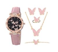 Generico Damen Watch & Jewelry Set 5 Stück | Imitation Leder Strap, 2 in | Butterfly Number Quartz Wristwatch With Armband, Ring, Earrings, Halskette | Geschenk Set