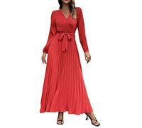 Générique Abendkleid für Damen, lang - Herbst und Winter, Damen, langärmlig, V-Ausschnitt, Plissee-Kleid, Einreihiger Rock, lässiges Cocktailkleid, Schwarz, Rot-b, Large