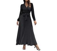 Générique Abendkleid für Damen, lang - Herbst und Winter, Damen, langärmlig, V-Ausschnitt, Plissee-Kleid, Einreihiger Rock, lässiges Cocktailkleid, Schwarz, Le Noir-B, XXL