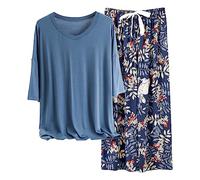 Générique Damen-Schlafanzug - lässiges Pyjama-Set mit Blumendruck für Damen mit kurzärmeligem Oberteil und langer Hose, kleine Nachthemden für ältere Frauen, blau, One size