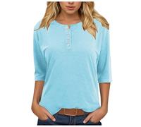 Générique Damen T-Shirt Kragen 3/4 Ärmel Basic Knopfleiste Lose Tunika Blusen Slim Fit Pullover Lange Hemden mit Knöpfen für Damen Mode, hellblau, L