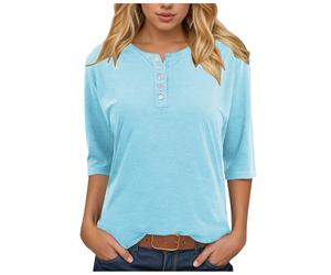 Générique Damen T-Shirt Kragen 3/4 Ärmel Basic Knopfleiste Lose Tunika Blusen Slim Fit Pullover Lange Hemden mit Knöpfen für Damen Mode, hellblau, L