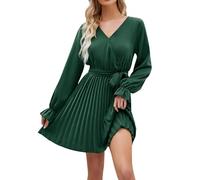 Générique Damenkleid, schick und elegant, Winter, Damen, Herbst, Langarm, V-Ausschnitt, Plissee, Minikleid, Cocktailkleid, lässig, eine Linie, fließend, Hochzeits-Gäste-Kleid, Sommerkleid, grün, XXL