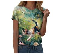 Générique Kurzärmliges Damen-T-Shirt mit Rundhalsausschnitt, Motiv: Katze, Vintage, Ölgemälde, kurzärmelig, Hellgrün, Small