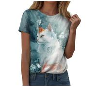 Générique Kurzärmliges Damen-T-Shirt mit Rundhalsausschnitt, Motiv: Katze, Vintage, Ölgemälde, kurzärmelig, himmelblau, XXL