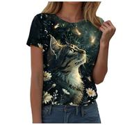 Générique Kurzärmliges Damen-T-Shirt mit Rundhalsausschnitt, Motiv: Katze, Vintage, Ölgemälde, kurzärmelig, Dunkelgrün., X-Large