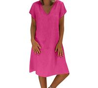 Générique Langes Damenkleid - lässiges A-Linien-Kleid aus Baumwolle und Leinen, einfarbig, für Damen, langer Hintergrund, 4 Hot Pink, XXXL