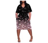 Générique Lockeres und bequemes Kleid für Damen, großes bedrucktes Kleid, V-Ausschnitt, kurze Ärmel, knielang, mit Abendtaschen, Rosa, X-Large