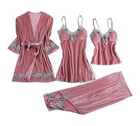 Générique Pyjama-Set für Damen, Baumwolle - sexy Pyjama aus Spitze für Damen, Pyjama-Set aus Velours, Pyjama-Set, 4-teilig, Schlaf-Set für Frauen, Rosa, 50