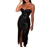 Générique Sommerkleid für Damen - Sexy figurbetontes Kleid mit Schnürung an der Taille für Damen, Lederkleid mit offenem Saum, kurzes Chiffonkleid, Schwarz, Large