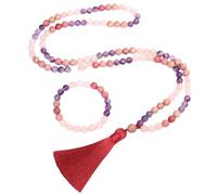 Generisch 108 Mala-Perlen-Knotenkette Für Damen Und Mädchen, Natürliches Amethyst-Rosenquarz-Armband, Lange Halskette Mit Quaste, Gebet, Spiritueller Schmuck, Yoga-Geschenke, Armband + Halskette