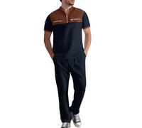 Generisch 2-teiliges Waffle-Loungewear-Set für Herren Sportanzug Kurzärmeliges Oberteil und Freizeithose Sets Modisch Business Sportbekleidung Poloshirt Trainingsanzug für Lauf Gym